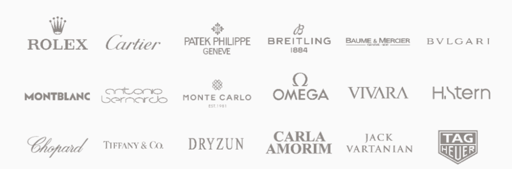 Marcas de luxo que a Orit vende. Rolex, Cartier, Patek Philippe, Breitling, Baume & Mercier, Bvlgari, Montblanc, Antonio Bernardo, Monte Carlo, Omega, Vivara, H.Stern, Chopard, Tiffany & Co, Dryzun, Carla Amorim, Jack Vartanian e TAG Heuer.