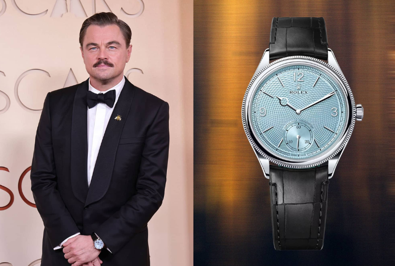 Leonardo Dicaprio usa Rolex Perpetual 1908 em platina, com um mostrador ice blue em guilhochê de grão de arroz.