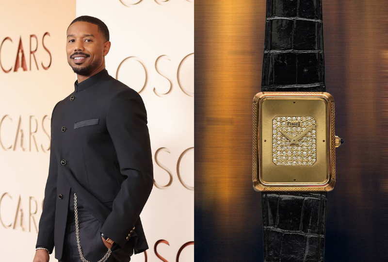 Michael B. Jordan usou um Piaget vintage dos anos 70, em ouro amarelo 18k com mostrador em pavé de diamantes no Oscar 2026.